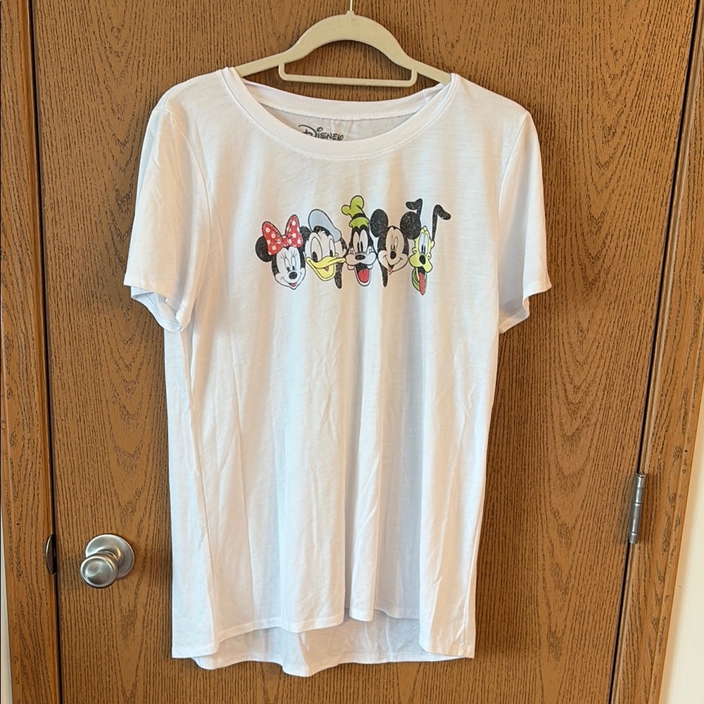 Disney White Tee with Iconic Character Faces—Size XXL